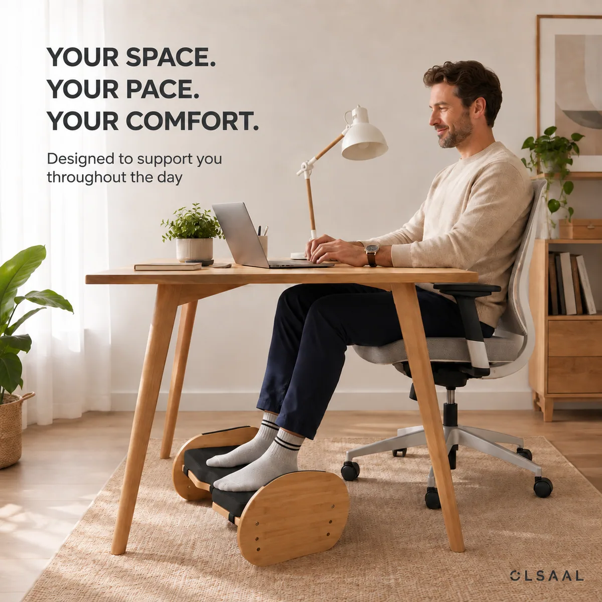 OLSAAL bamboo footrest in a workspace